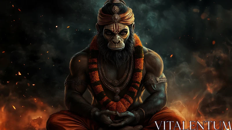 Divine monkey warrior meditates within embers and shadow flame