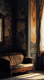 Decayed salon interior captures baroque sofa in directional light