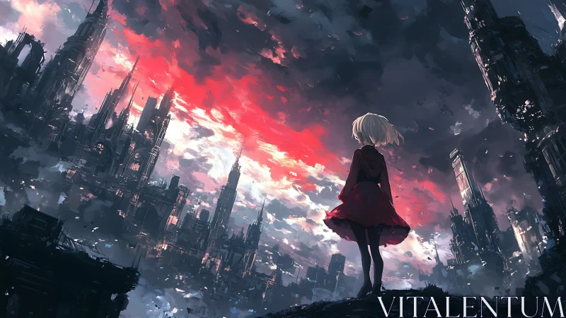 Girl overlooking ruined city under red storm sky.