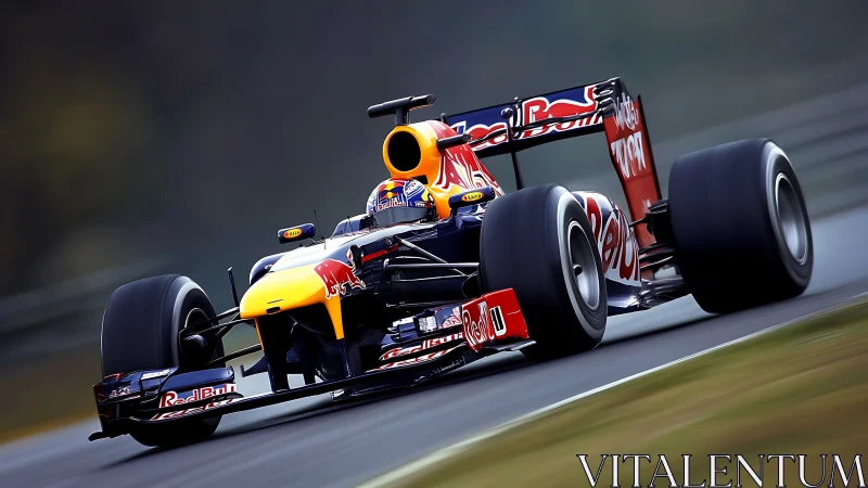 Formula 1 Red Bull racing car accelerates on dry racetrack