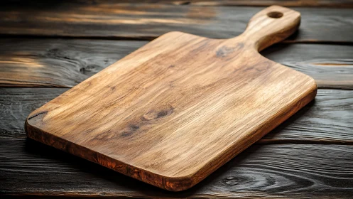 Wooden Cutting Board with Rustic Handle on Dark Wood Surface.