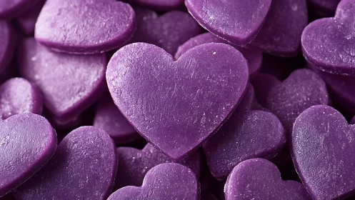 Cluster of purple heart-shaped confections with crystalline surface texture