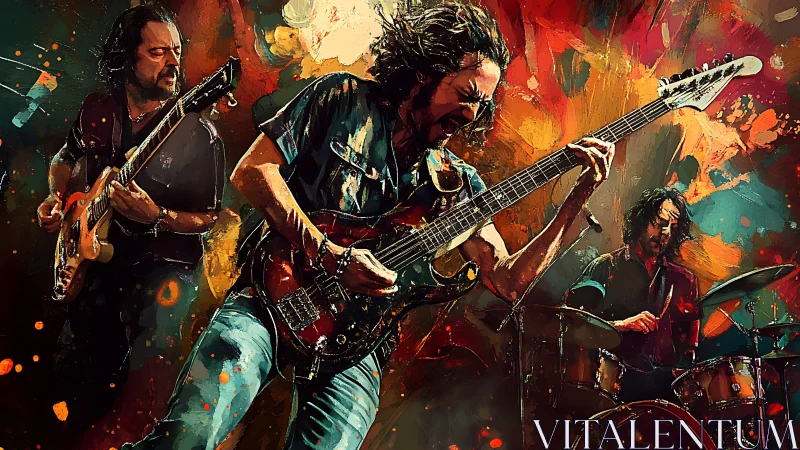 Electric rock trio in explosive abstract color motion.