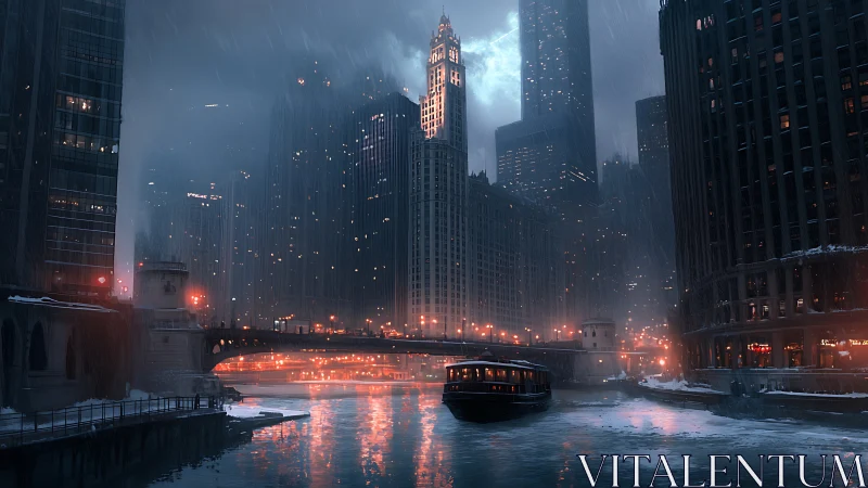 Snowy city river at night with bridge and lit buildings.