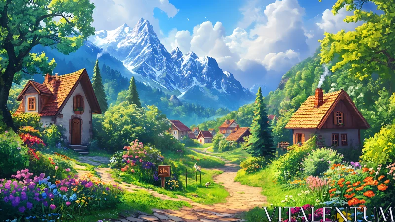 Sunny storybook village cradled in bright alpine blooms.