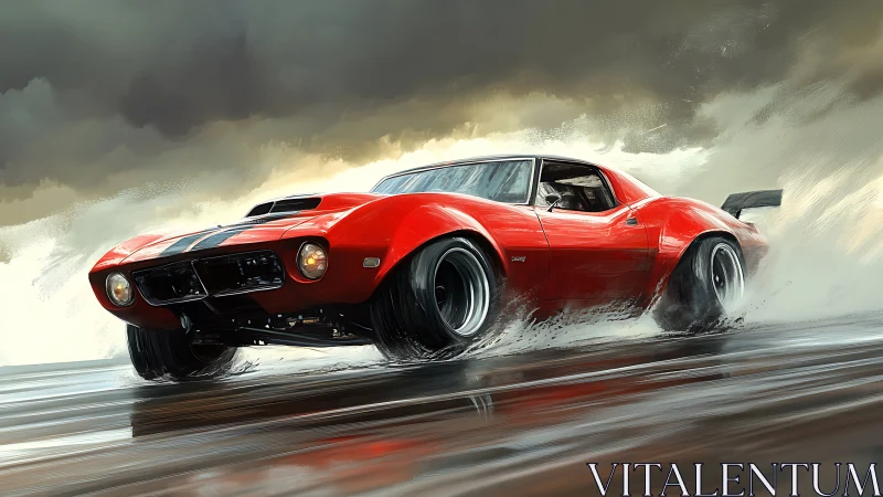 Scarlet muscle car slashes through rain-slicked storm light