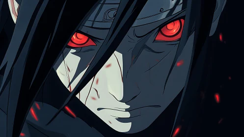 Crimson gaze of a relentless anime avenger in shadowed fury.