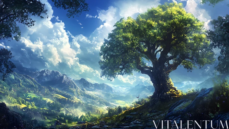 Majestic oak dominates highland valley under volumetric cloudscape