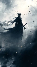 Stormlit swordsman stands calmly within swirling shadows