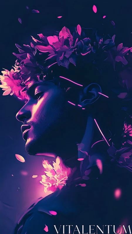 Neon-lit floral portrait merges human serenity with dreamlike glow