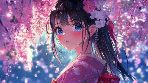 Blushing spring girl beneath gentle cherry blossoms.