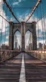 Sunlit walk across the Brooklyn Bridge toward the city.
