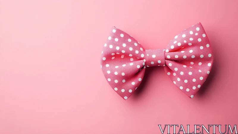 Textile macro of pink polka dot bow on monochrome ground.