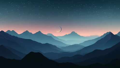 Digital crescent moon over layered mountain silhouettes.