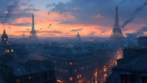 Twilight Paris skyline with twin Eiffel towers and rooftops.