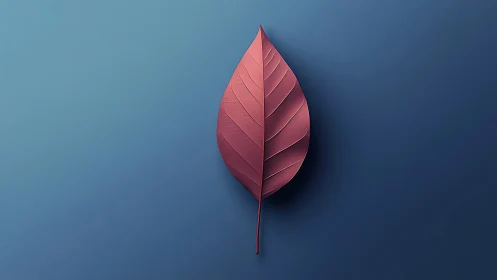 Minimalist red leaf contrasts smooth blue gradient background.