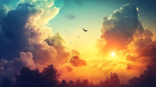 Radiant sunset clouds with soaring birds above forest line.