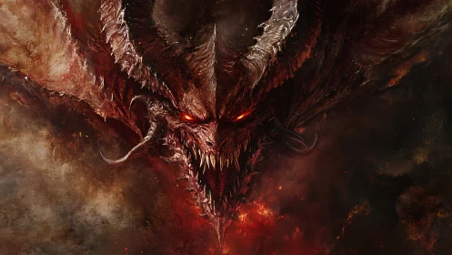 Demonic horned beast emerges from burning shadowed void.