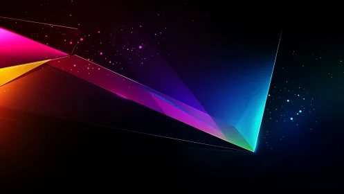 Vibrant geometric light beams on dark abstract background.