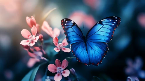 Gentle blue butterfly rests softly among glowing pink blooms