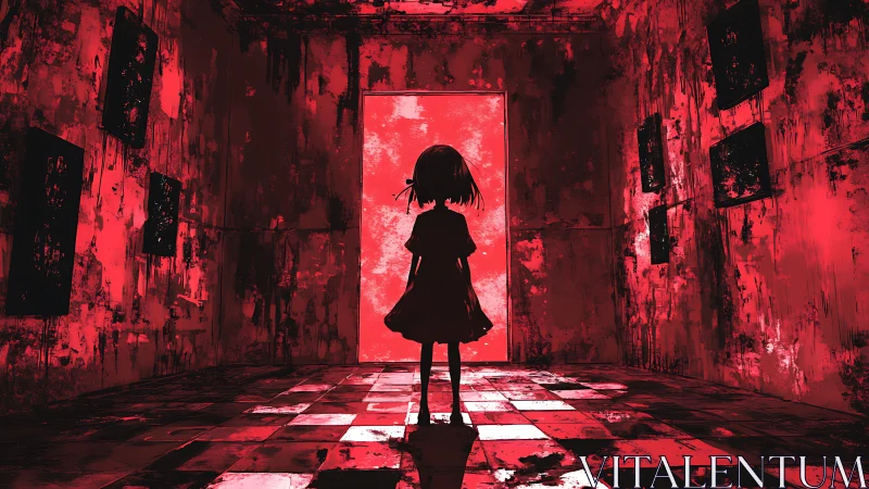 Silhouetted girl confronts glowing portal in distressed red hall