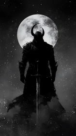 Moonlit horned warrior standing strong in swirling shadows.