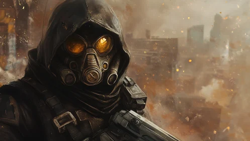 Postapocalyptic sniper in gas mask amid burning skyline.