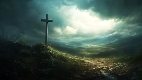 Lone hillside cross beneath storm-torn, radiant heavens.