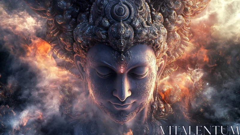 Digital painting of ornate celestial deity head in clouds.