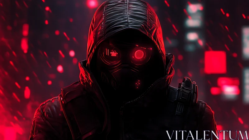 Hooded cyber-operative with red optical respirator visor glow.