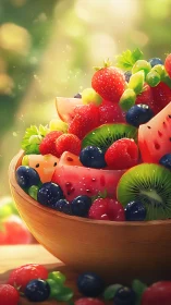 Wooden bowl containing mixed sliced and whole fruits outdoors.