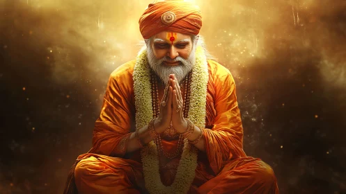 Orange-robed guru meditates in golden divine radiance.