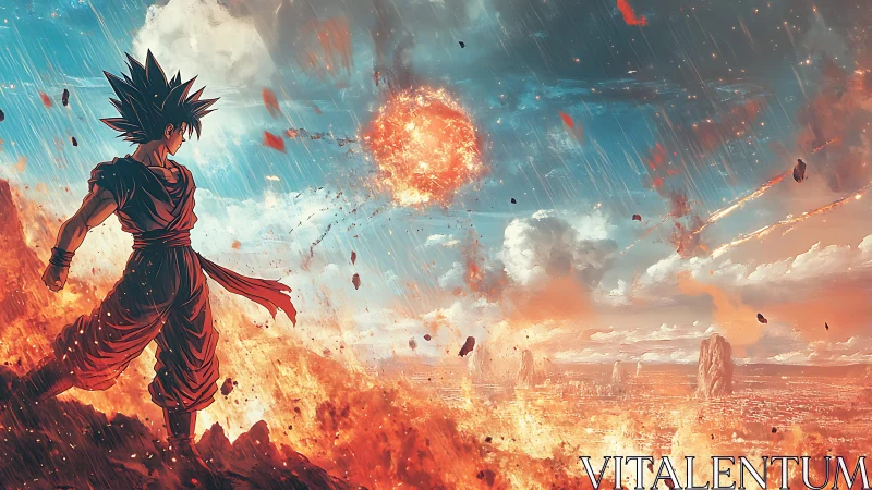 Explosive anime warrior observes fiery meteor storm over cityscape