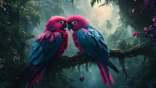 Two tropical parrots on mossy branch in dense rainforest.