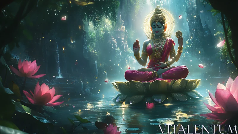 Deity statue sits on lotus platform in illuminated water garden