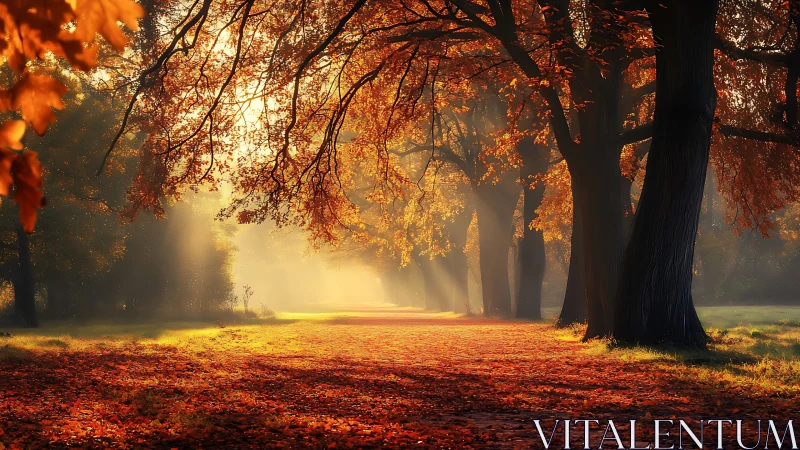 Golden autumn path glowing softly through quiet trees.