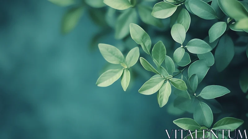 Soft Focus Green Leaves Over Teal Background, Minimalist Nature.