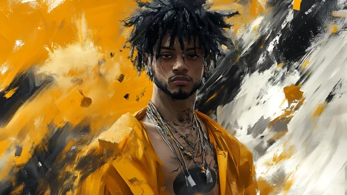 Digital male portrait set against dynamic abstract backdrop