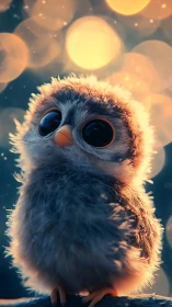Wide eyed baby owl glows softly under dreamy night lights