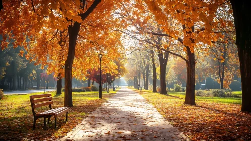 Tree-lined park path with fallen autumn leaves and benches.