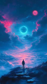 Solitary figure observes twin neon moons above luminescent clouds
