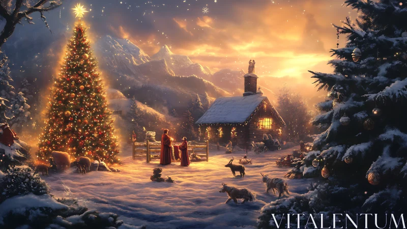 Snow-covered rural Christmas yard depicts lit tree and cabin