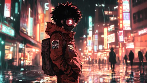 Cybernetic drifter in neon-soaked rainy cityscape at night.