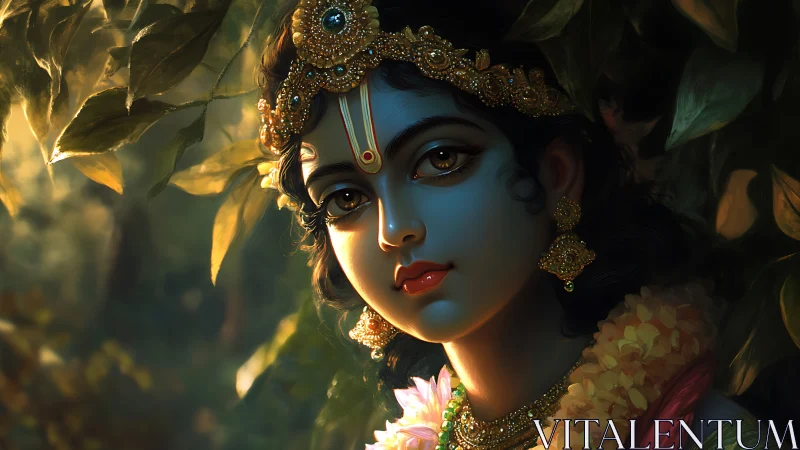 Digital portrait of blue-skinned figure in ornate jewelry.