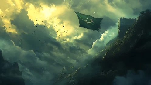 Stormlit citadel with tattered emerald standard aloft.