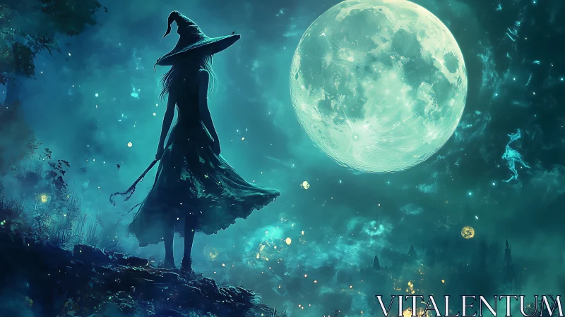 Silhouetted witch observes oversized moon in teal night sky