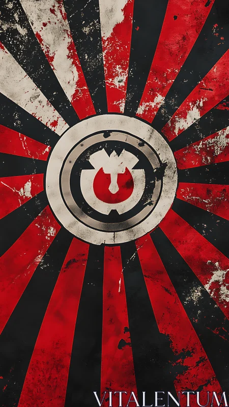 Grungy red and black radial emblem commands bold attention.