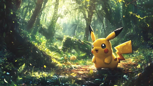 Pikachu in luminous forest clearing with gradient light