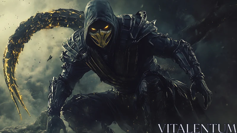 Hooded spectral warrior crouches in swirling toxic smoke