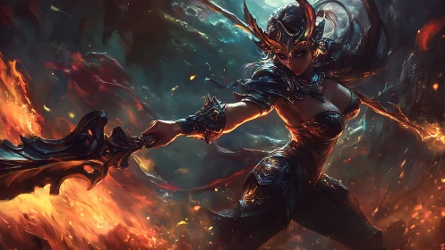 Fiery warrior queen poised in glowing, stormlit battle.